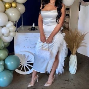 Nichole Lynel satin feather slit dress